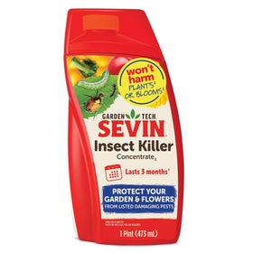 Sevin Insect Killer Concentrate bottle shown for easy garden pest control.