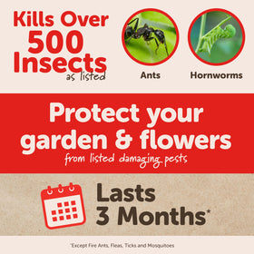 Outdoor spray application by Sevin targets pests around beds and edges.