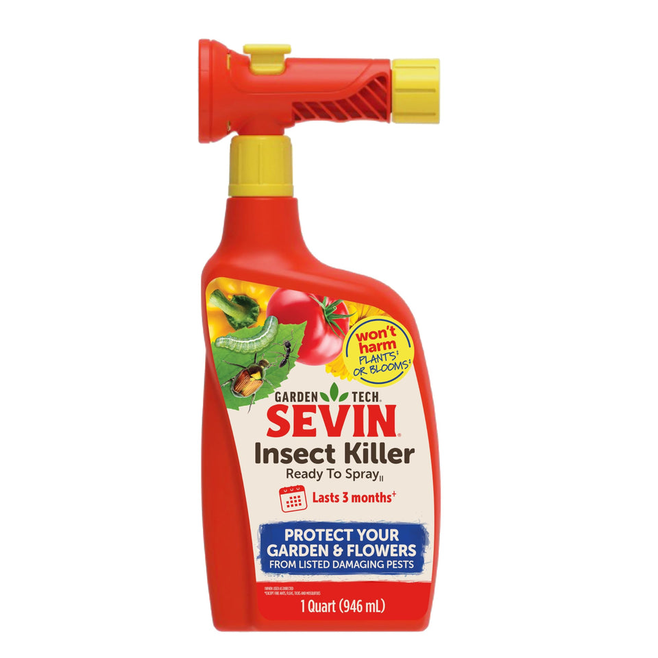 Sevin ready-to-spray bottle protecting vegetables and flowers from common garden pests.