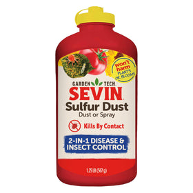 Sevin sulfur dust bottle pour showing easy application for garden protection.