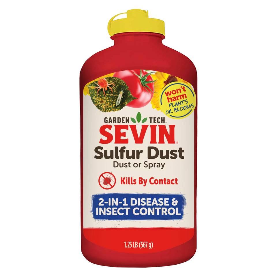 Sevin sulfur dust bottle pour showing easy application for garden protection.