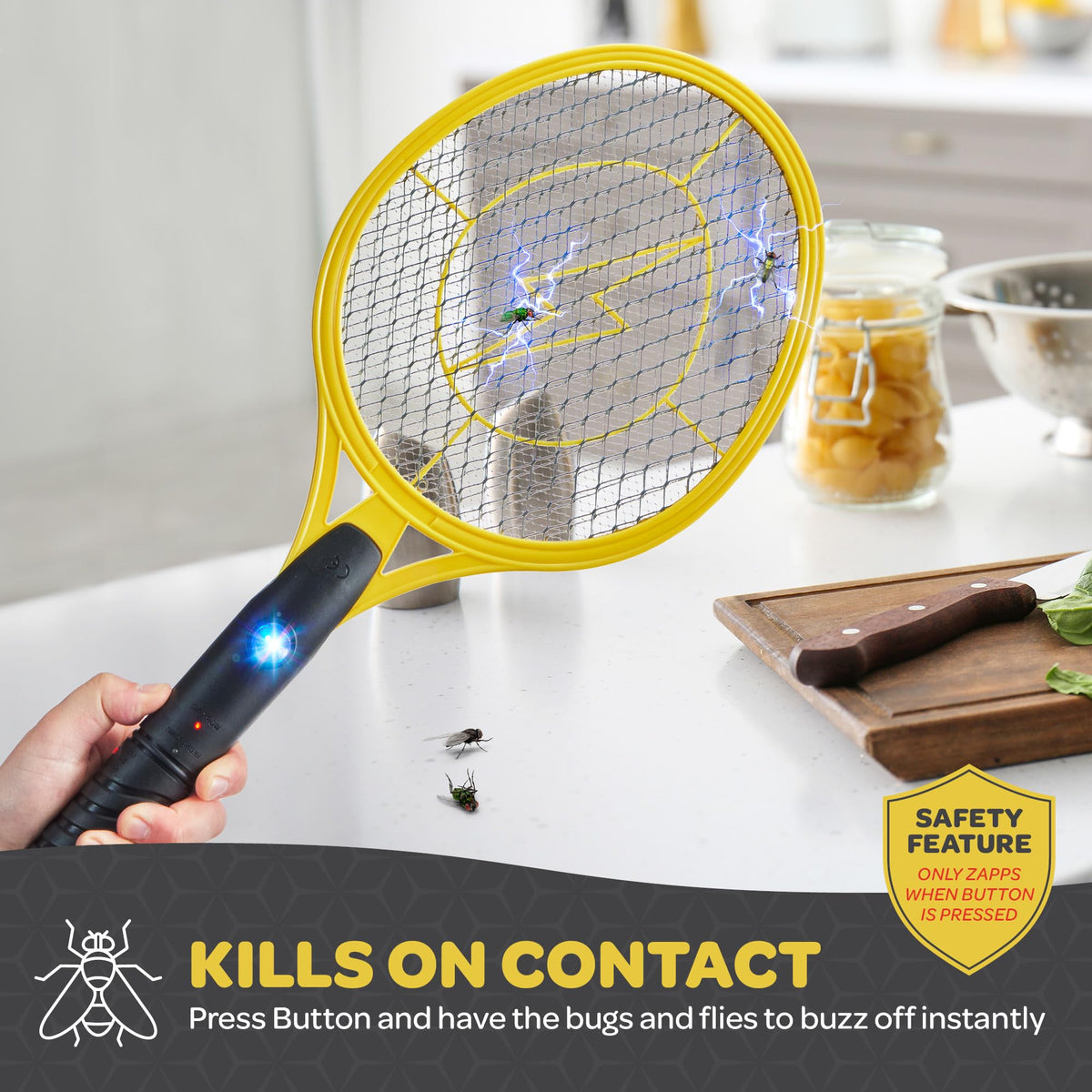 SEWANTA fly swatter racket features 3-layer safety design to protect hands during use.