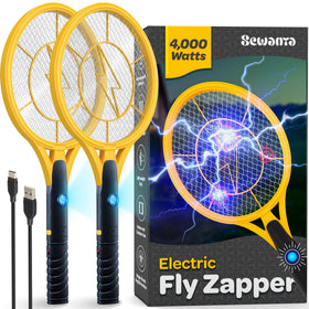 SEWANTA electric fly swatter racket with blue LED light attracts flies for quick evening control.