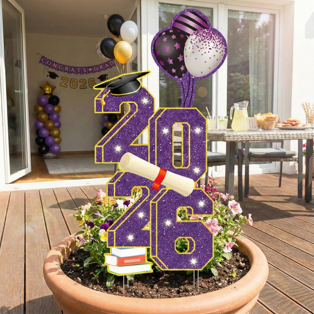 sewrung front-yard display looks festive for graduation parties and family celebrations
