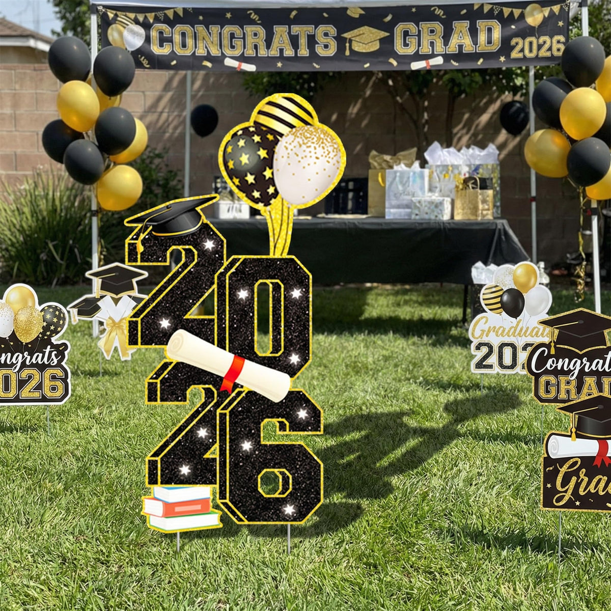 sewrung easy setup graduation yard sign shown with metal H-stakes