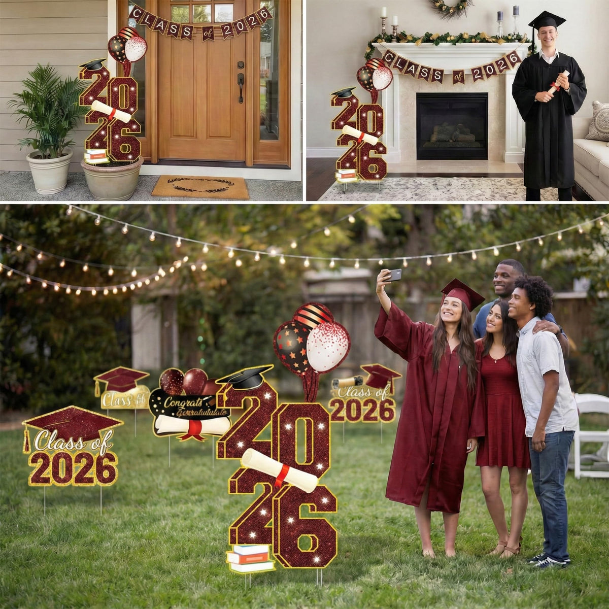 sewrung outdoor graduation decor elevates lawn displays for memorable party backdrops.