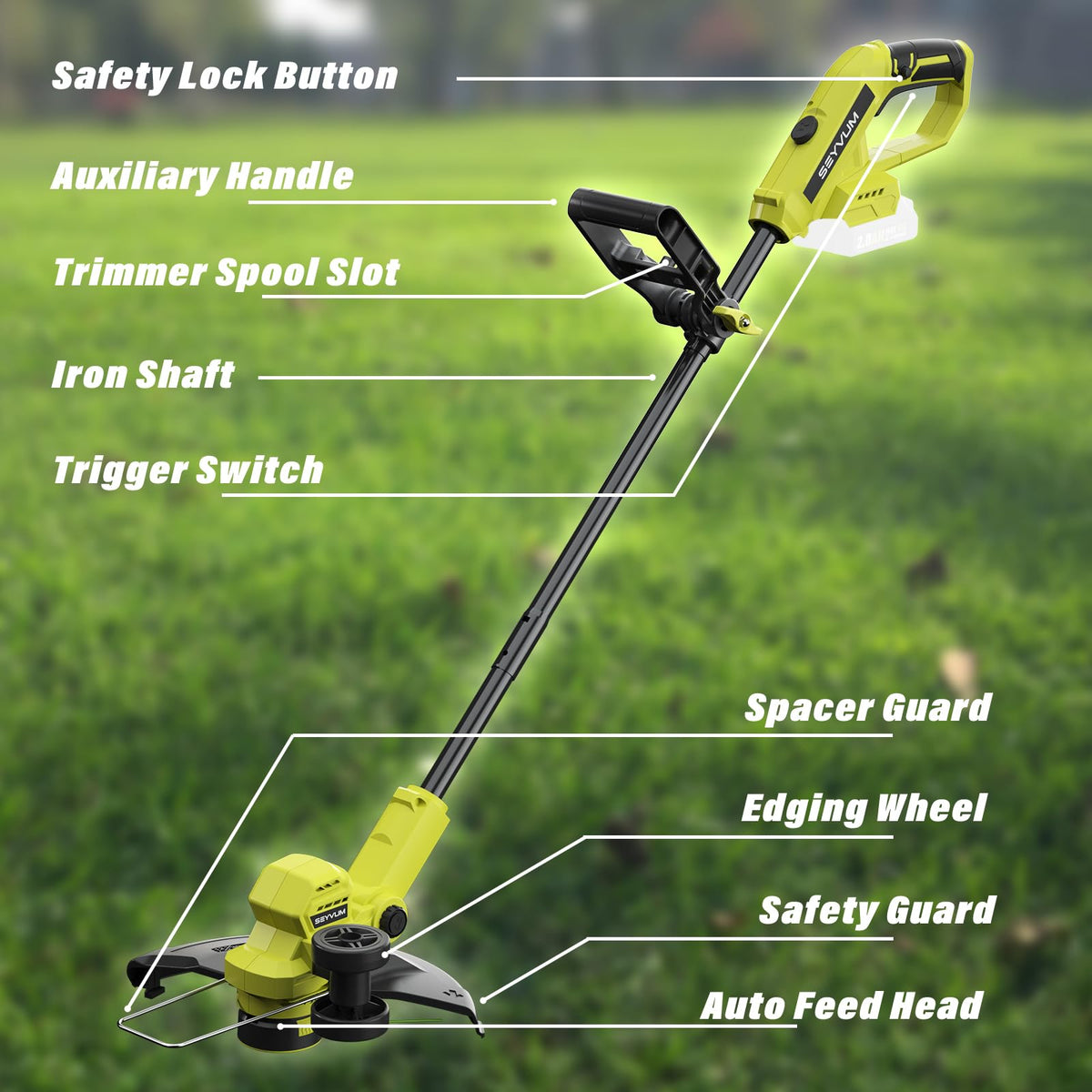 SEYVUM 90-degree head for flexible trimming in tight spots.