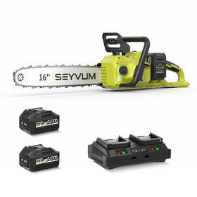 SEYVUM cordless 40V chainsaw with dual 4.0Ah batteries for extended runs.