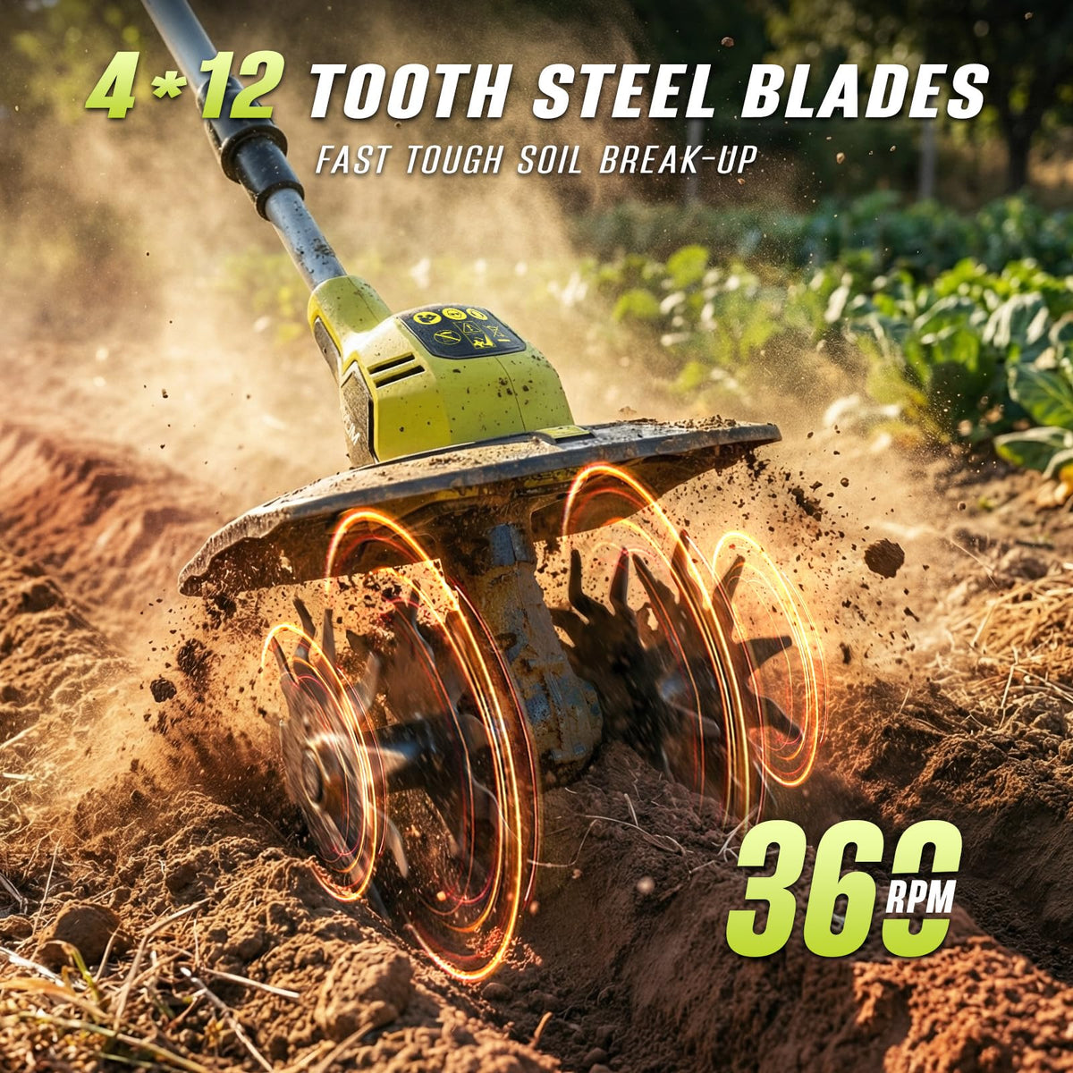 SEYVUM cordless tiller shows 9-inch width tiling for narrow beds.