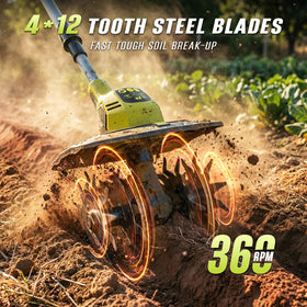 SEYVUM cordless tiller shows 9-inch width tiling for narrow beds.