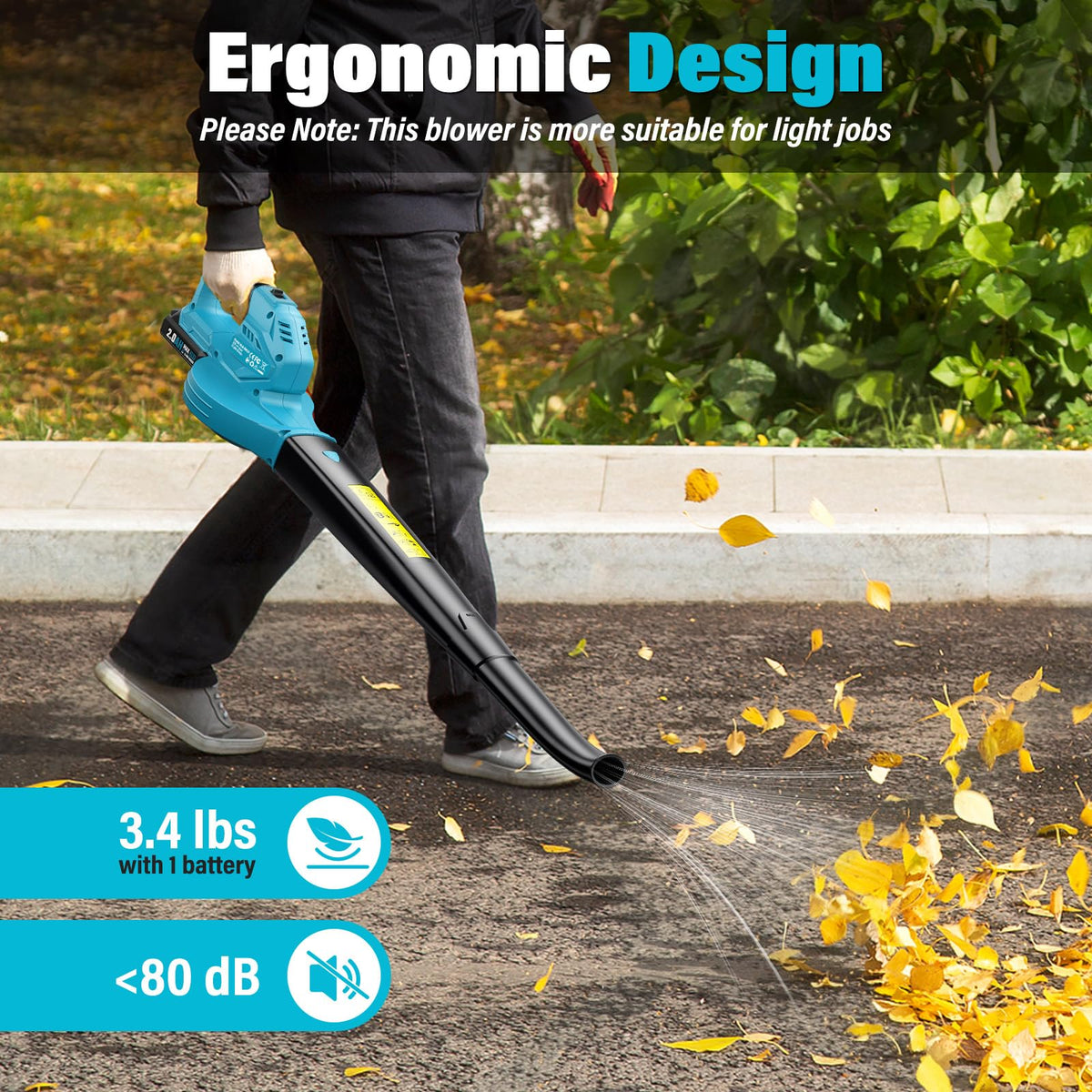 SEYVUM leaf blower weighs 3.4 lb for easy one-handed use.