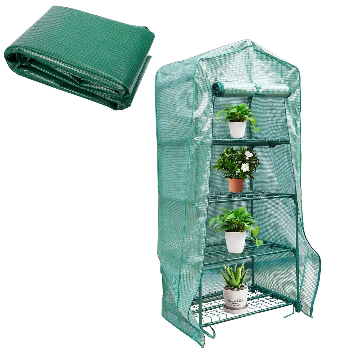 Sfcddtlg 4-tier greenhouse cover with roll-up door for ventilation and shade.