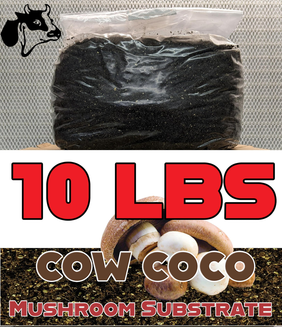 SGM Labs Coco Substrate with Cow Manure bag, ready to use for clean mushroom growth.