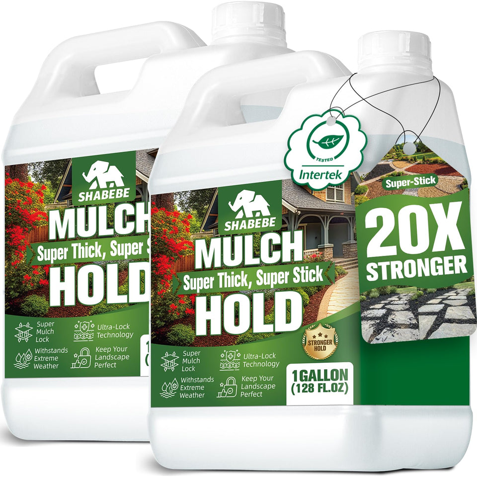 Shabebe Mulch Hold 2-Gallon bottle shown for easy, mess-free outdoor application.