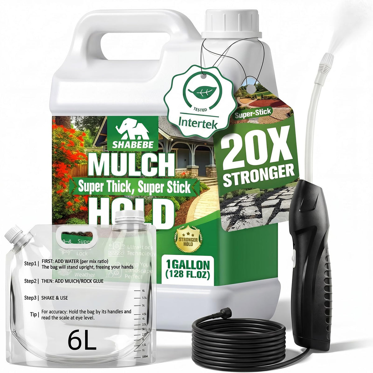 Shabebe Mulch Hold electric sprayer demonstrates even coverage for garden beds and borders.