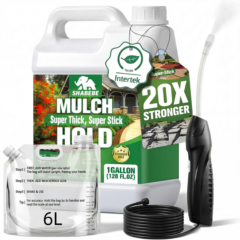 Shabebe Mulch Hold electric sprayer demonstrates even coverage for garden beds and borders.