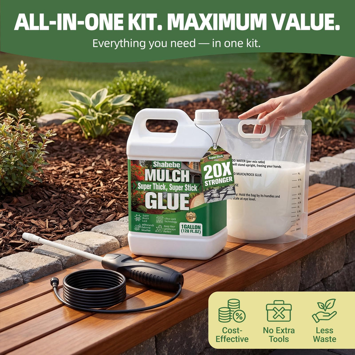 Shabebe Mulch Hold six-liter mixing bag shown for mess-free dilution.