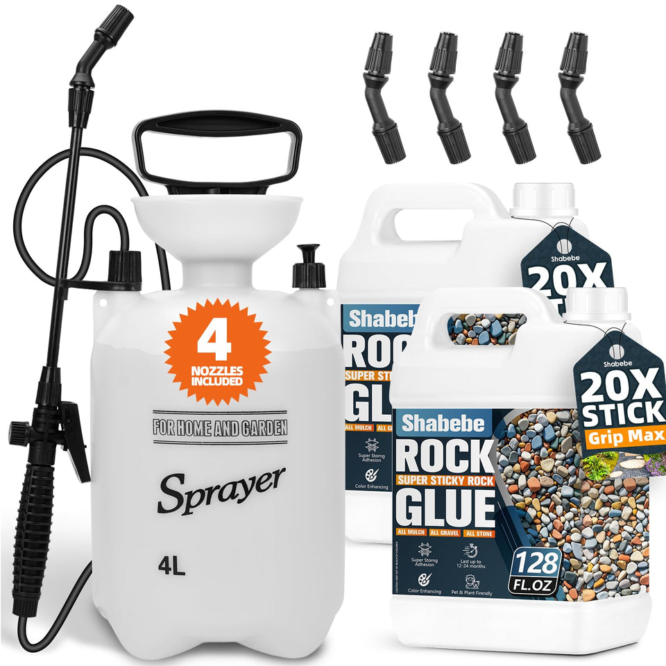 Shabebe Rock Glue bundle with sprayer for even gravel coverage.