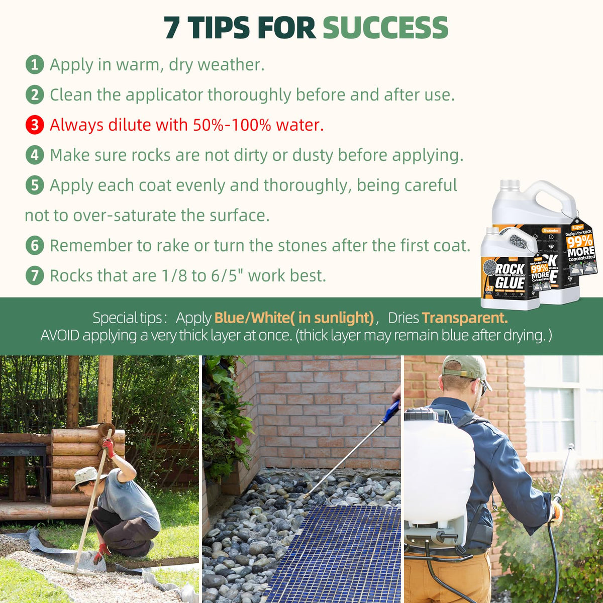 Shabebe Rock Glue is weather-resistant and secures stones against wind and rain