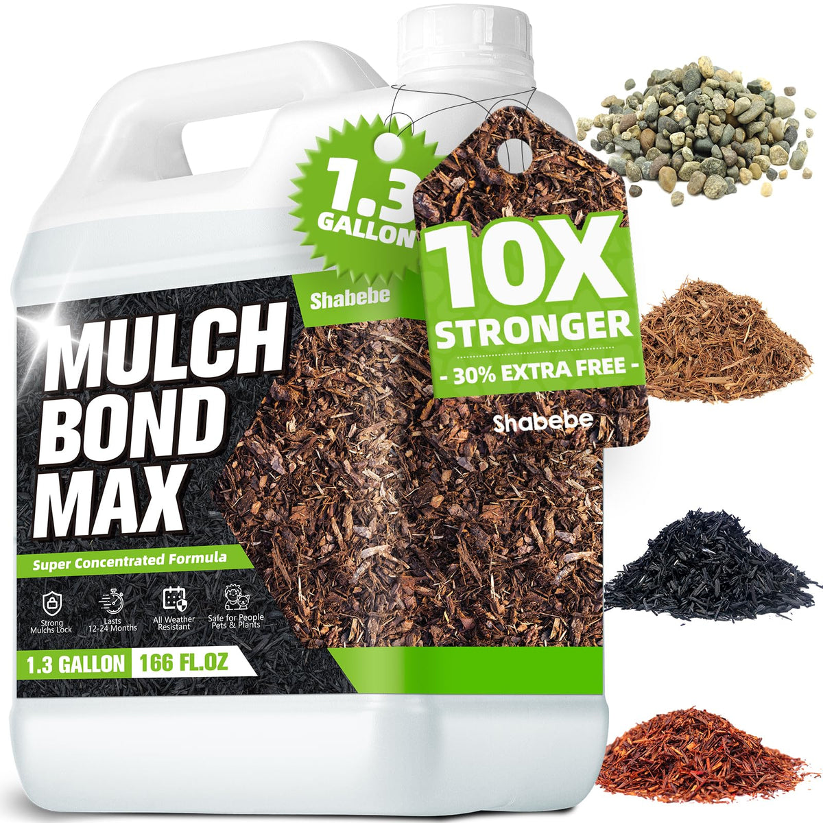 Shabebe Rock & Mulch Bond bottle front view for a durable mulch hold.