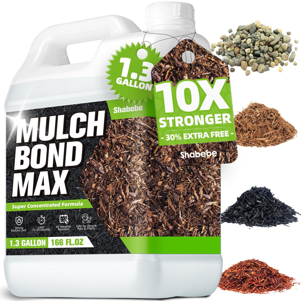 Shabebe Rock & Mulch Bond bottle front view for a durable mulch hold.