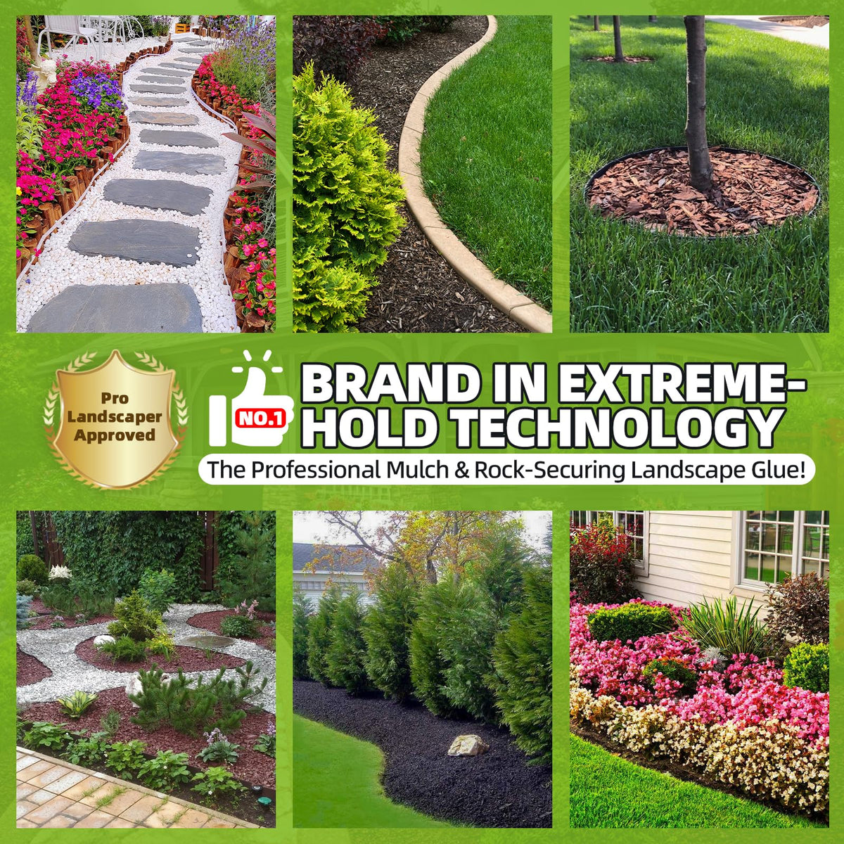 Shabebe Rock & Mulch Bond label closeup highlights clear drying formula for outdoor use.