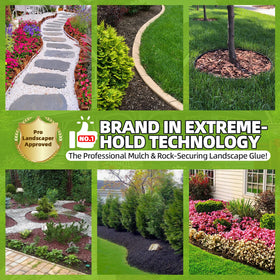 Shabebe Rock & Mulch Bond label closeup highlights clear drying formula for outdoor use.
