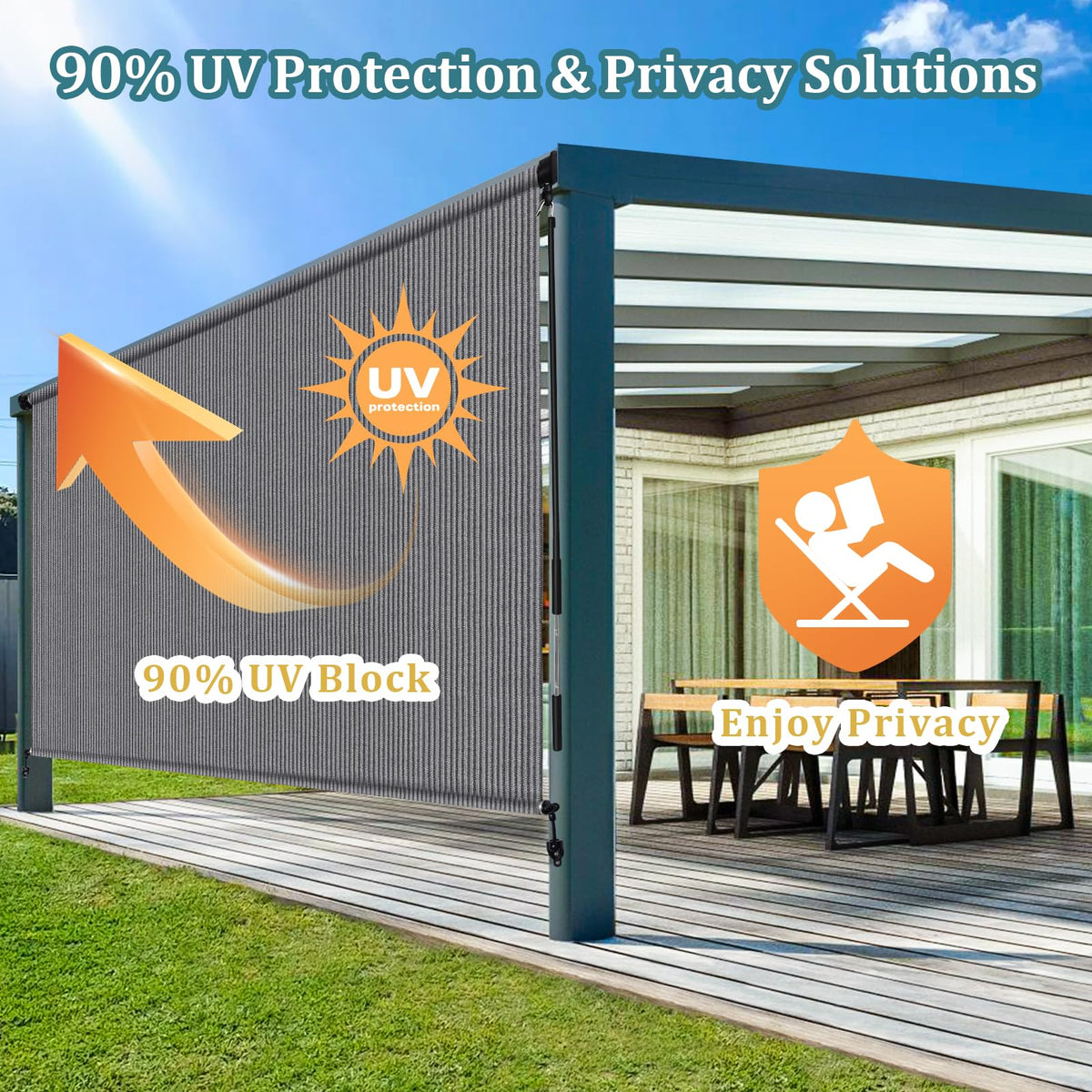 Shade&Beyond cordless 8x8 patio shade with wand-operated height control.
