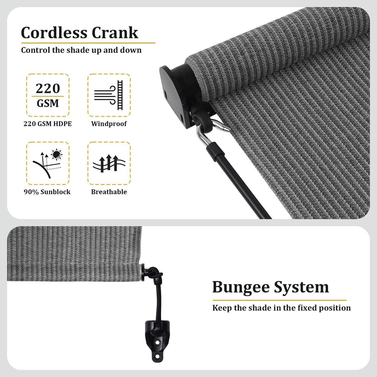 Shade&Beyond 220gsm fabric reduces heat while allowing airflow.