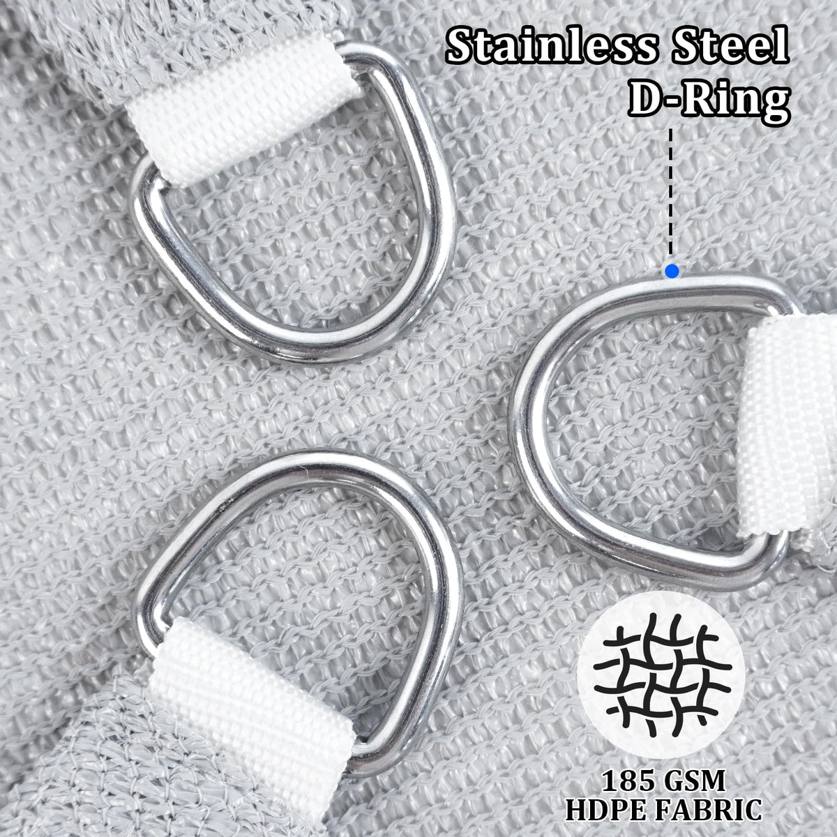 Shade&Beyond installation guide image shows D-ring spacing and sizing tips.