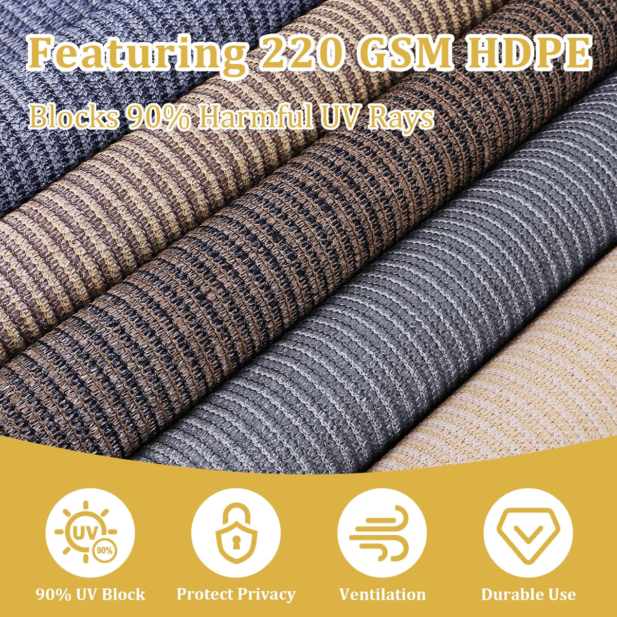 Shade&Beyond 220gsm HDPE fabric blocks UV rays while preserving privacy.