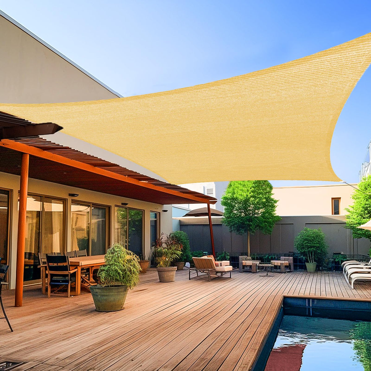 Shade&Beyond 8x10 sun shade sail in sand blocks UV rays for patios.