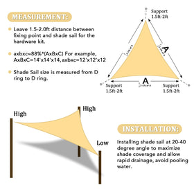 Shade&Beyond triangle sun shade sail layout showing D-ring measurements