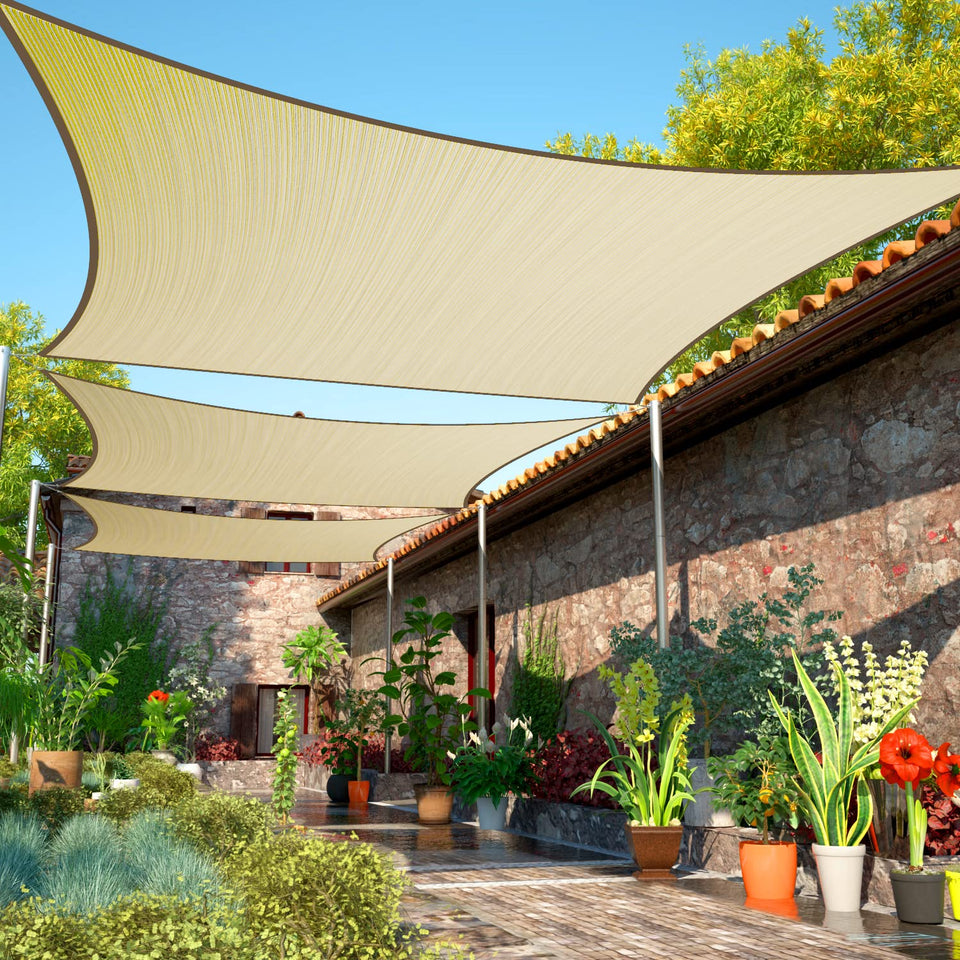ShadeMart beige 10x10 shade sail fabric providing breathable patio shade