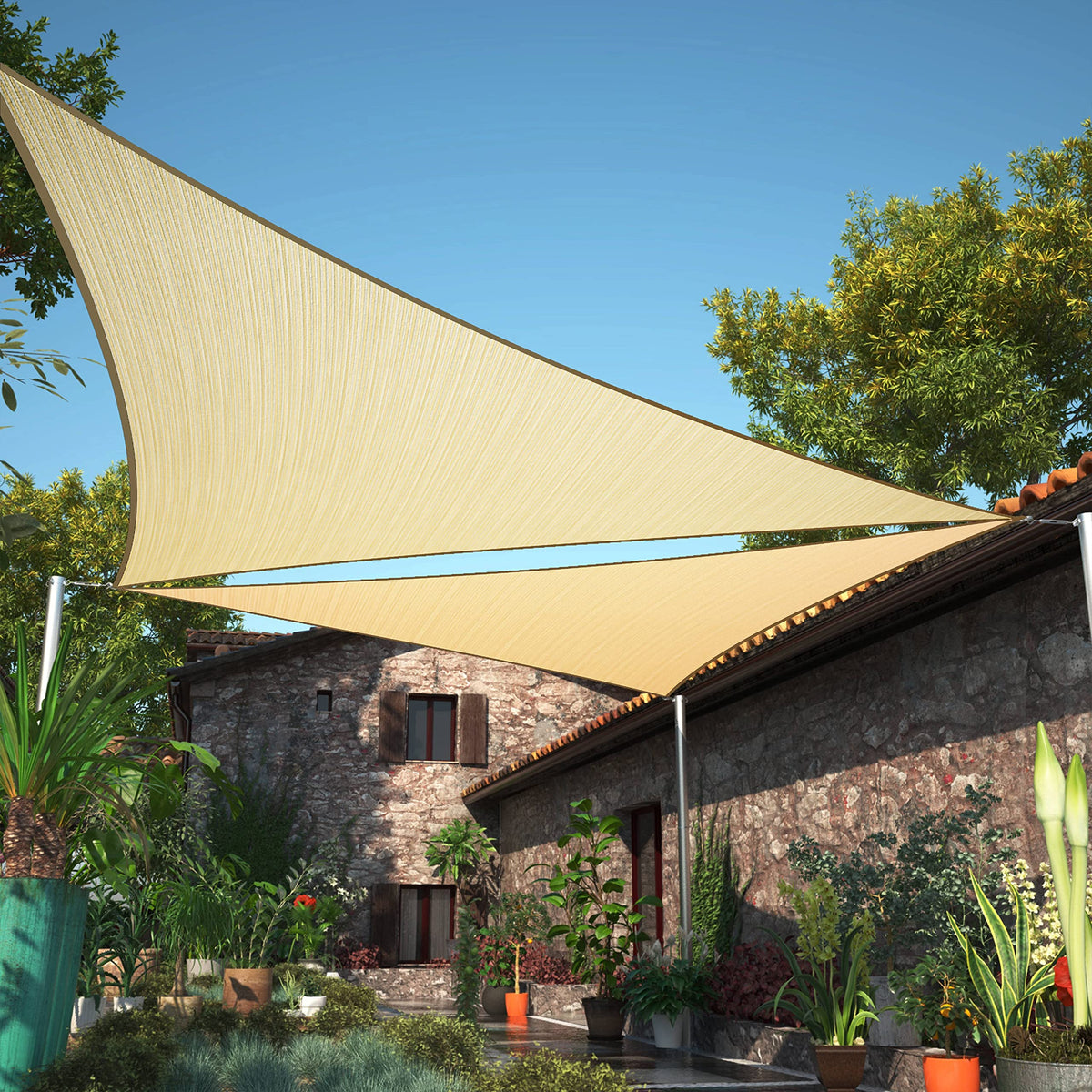 ShadeMart beige triangle sun shade sail 8x8 shields sun while adding stylish shade to patio