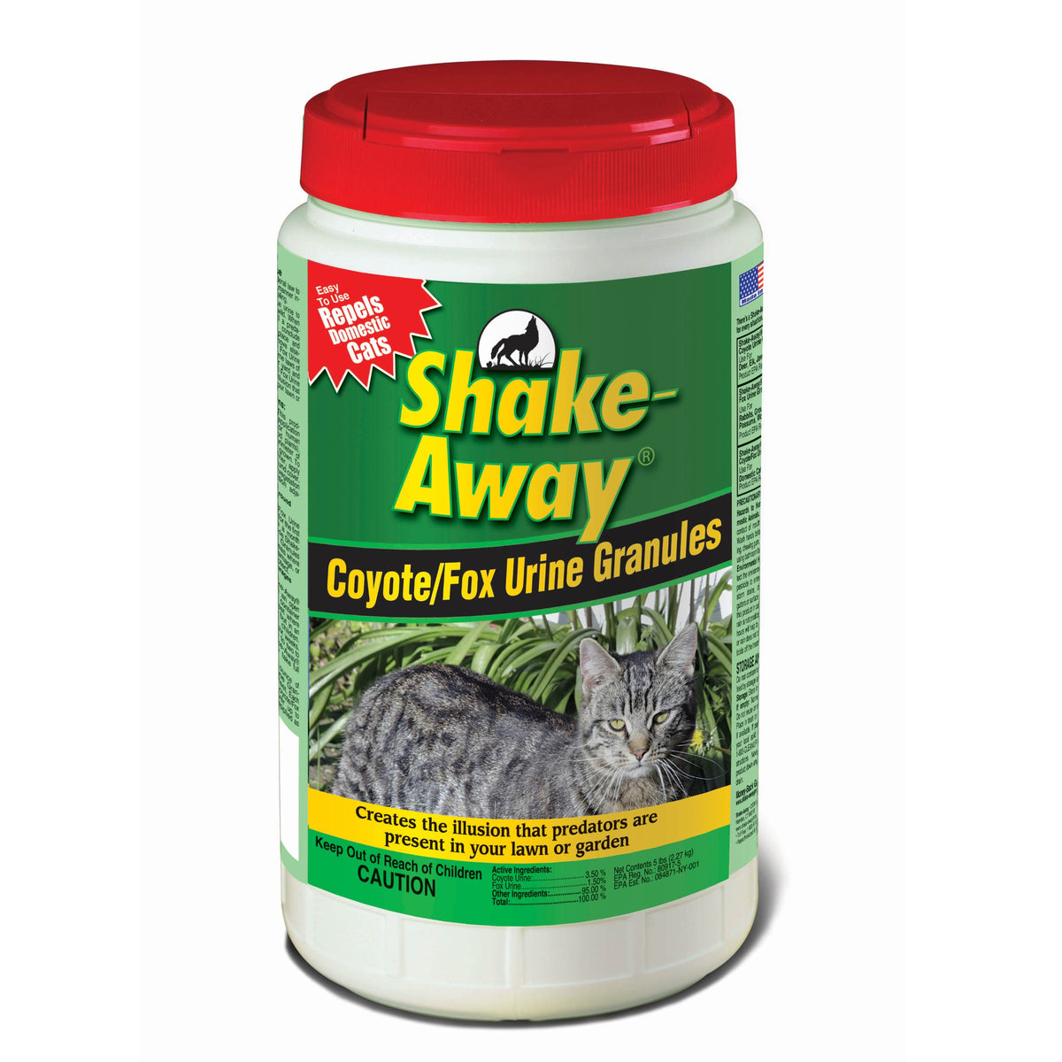 Shake-Away coyote-fox urine granules repel cats from gardens and flower beds.