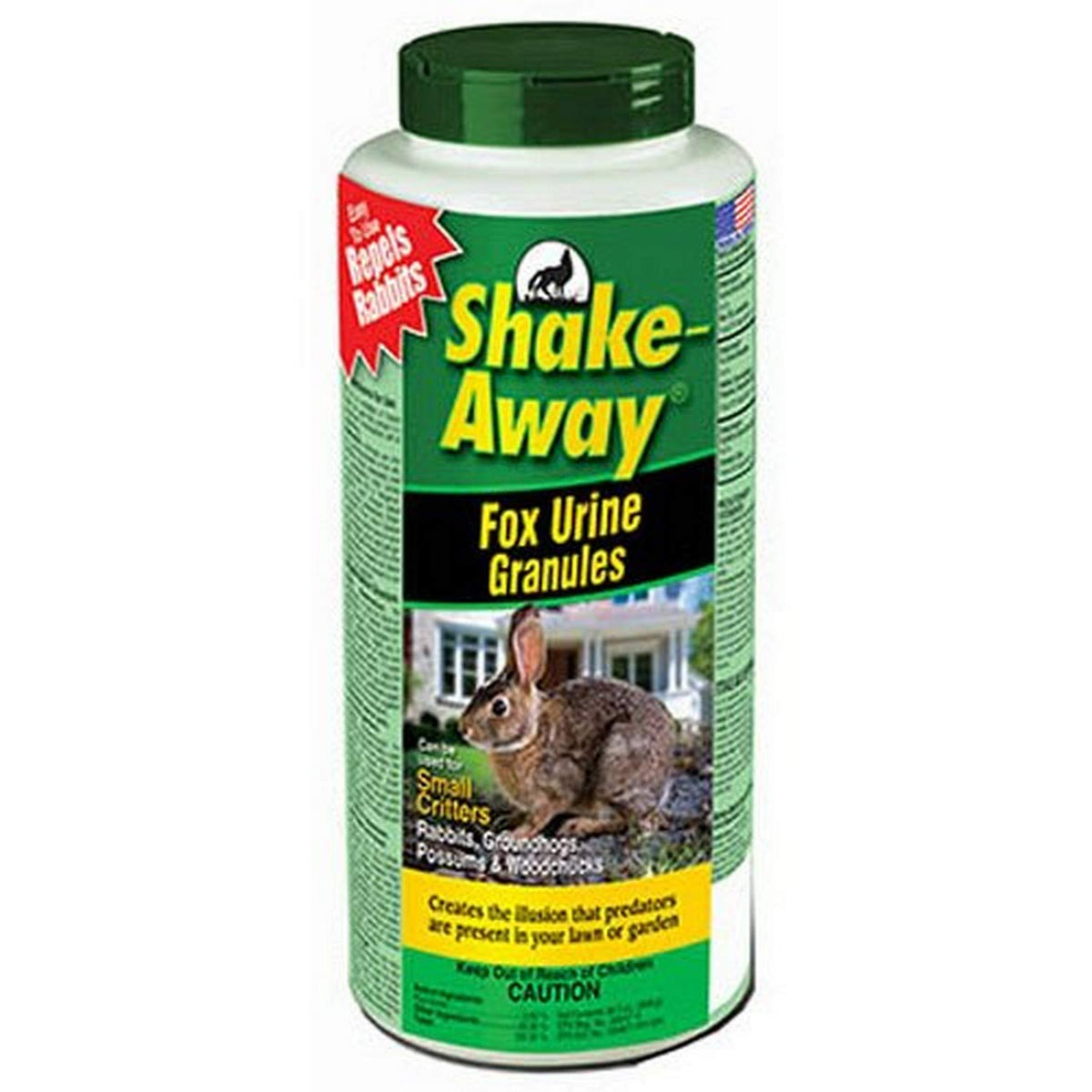 Shake-Away fox urine granules bottle ready to deter rabbits and other garden pests