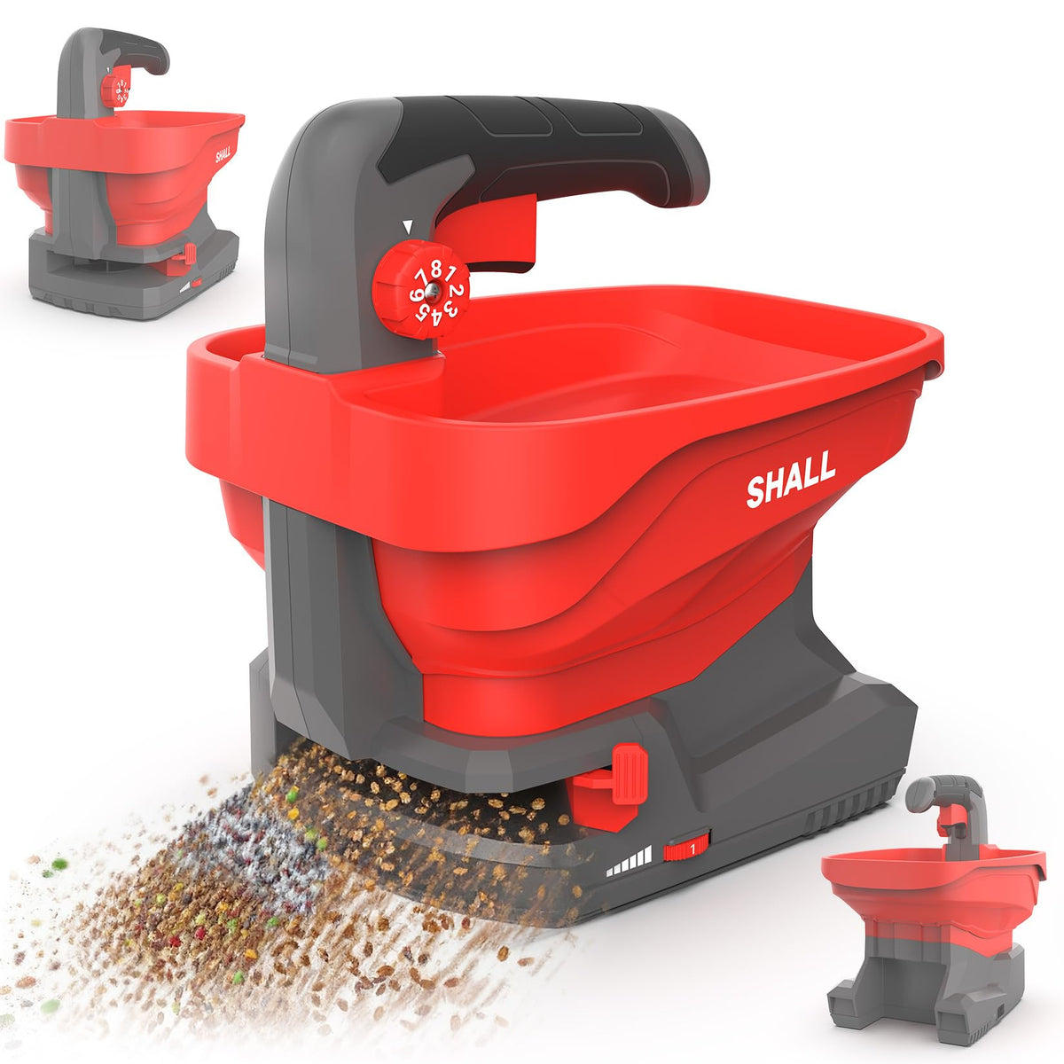SHALL battery powered spreader front view for precise lawn seed distribution