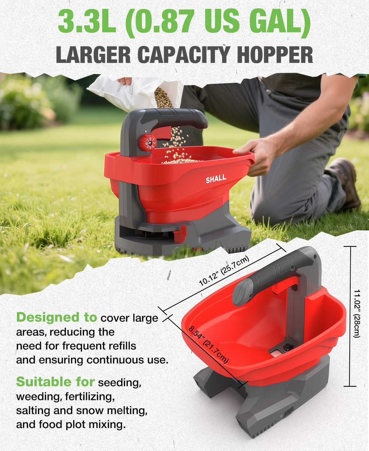 SHALL in-use spreader distributing seeds and fertilizer on a lawn