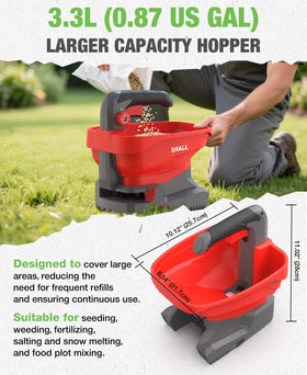 SHALL in-use spreader distributing seeds and fertilizer on a lawn
