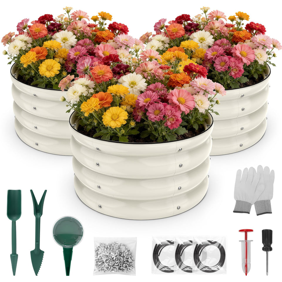 SHALL galvanized raised garden bed kit showing three round beds for outdoor planting