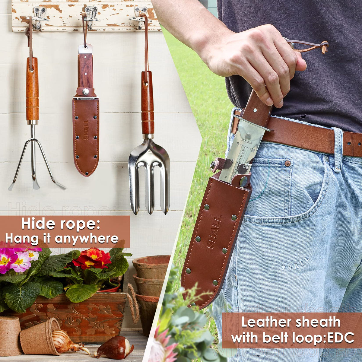 SHALL Hori Hori leather sheath with hide rope for secure, portable storage.