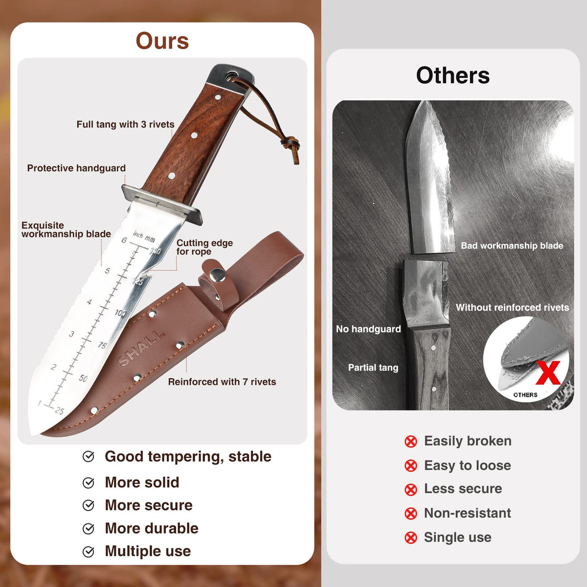 SHALL Hori Hori rosewood handle offers a secure, comfortable grip.