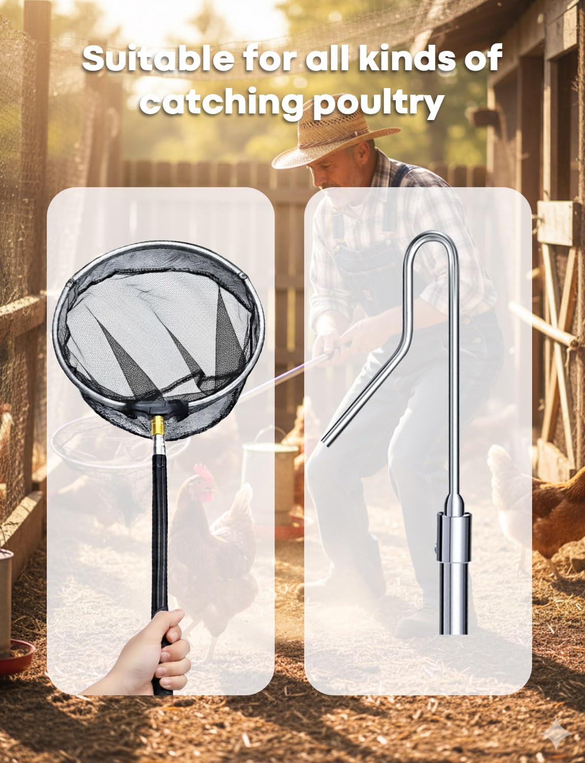 SHANWORN poultry catcher net extended reach demonstrating access to coops and ponds.