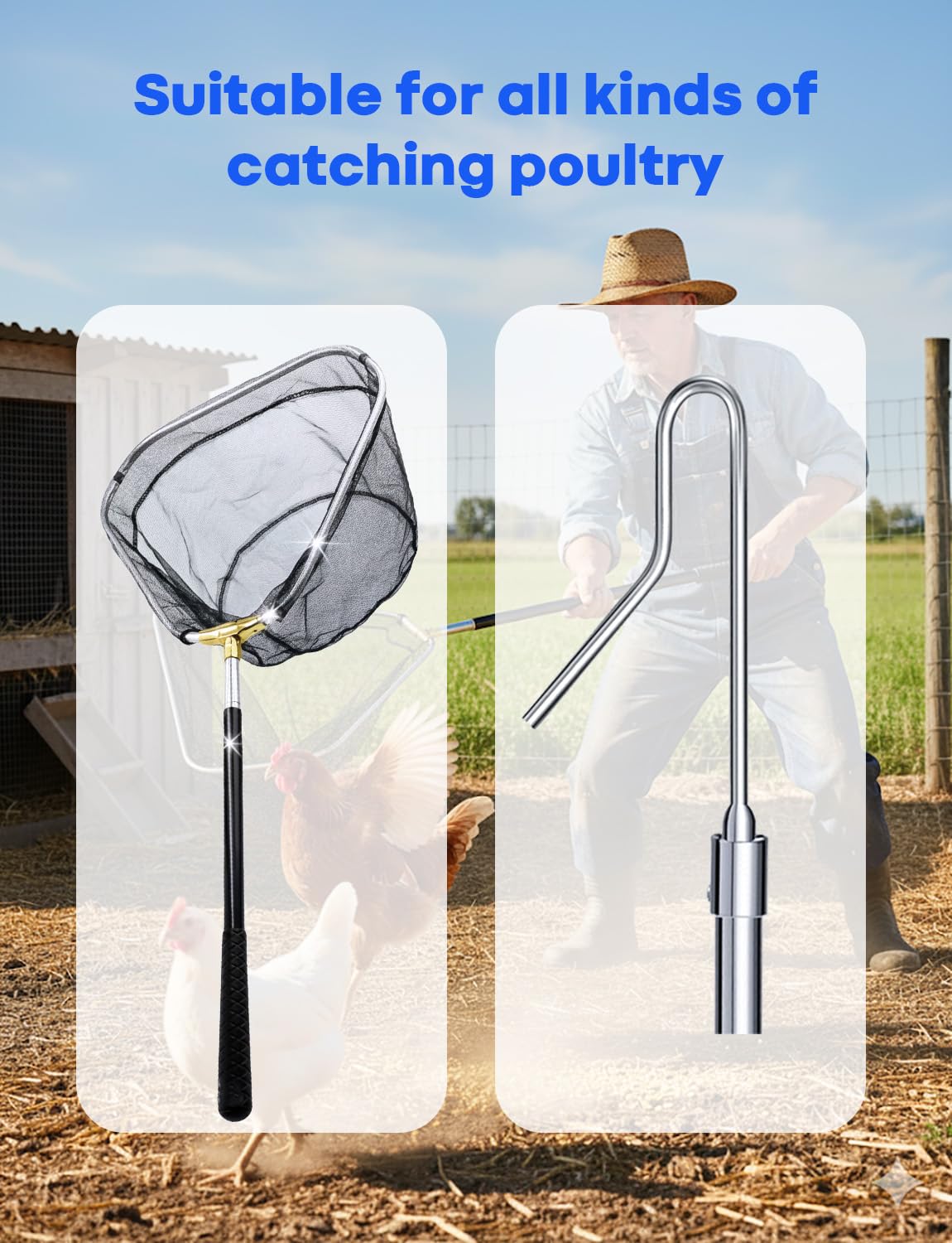 SHANWORN Catcher extended reach to 58.5 inches for safe catching in coops and pastures.