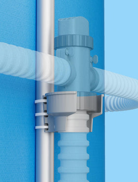 SHAPON plunger valve bracket mounted on pool uprights for neat plumbing and hose organization.