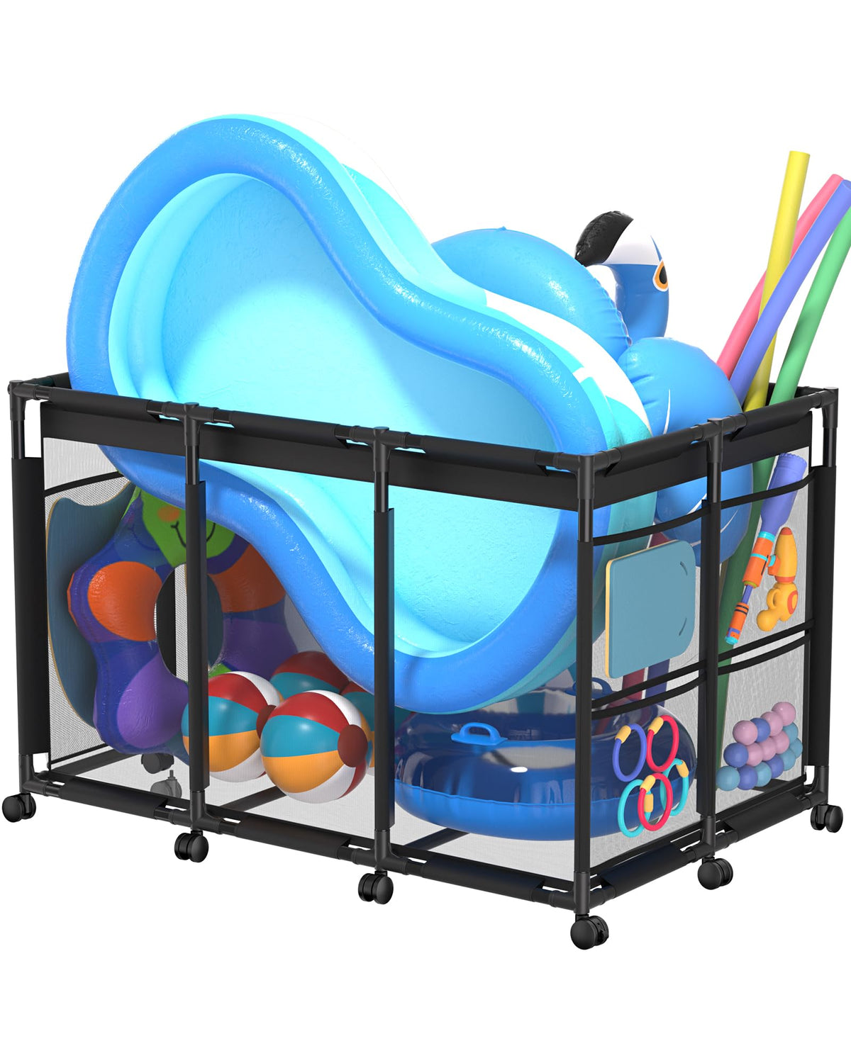 SHAPON pool storage bin with mesh frame promotes air drying and odor control.
