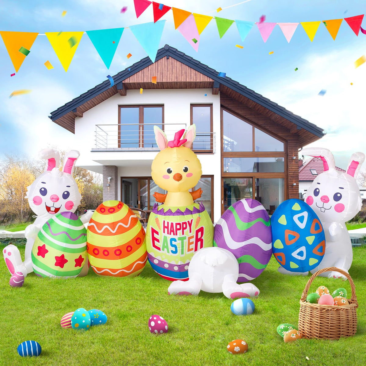 Shappy Easter bunny with eggs inflatable yard decor for festive curb appeal