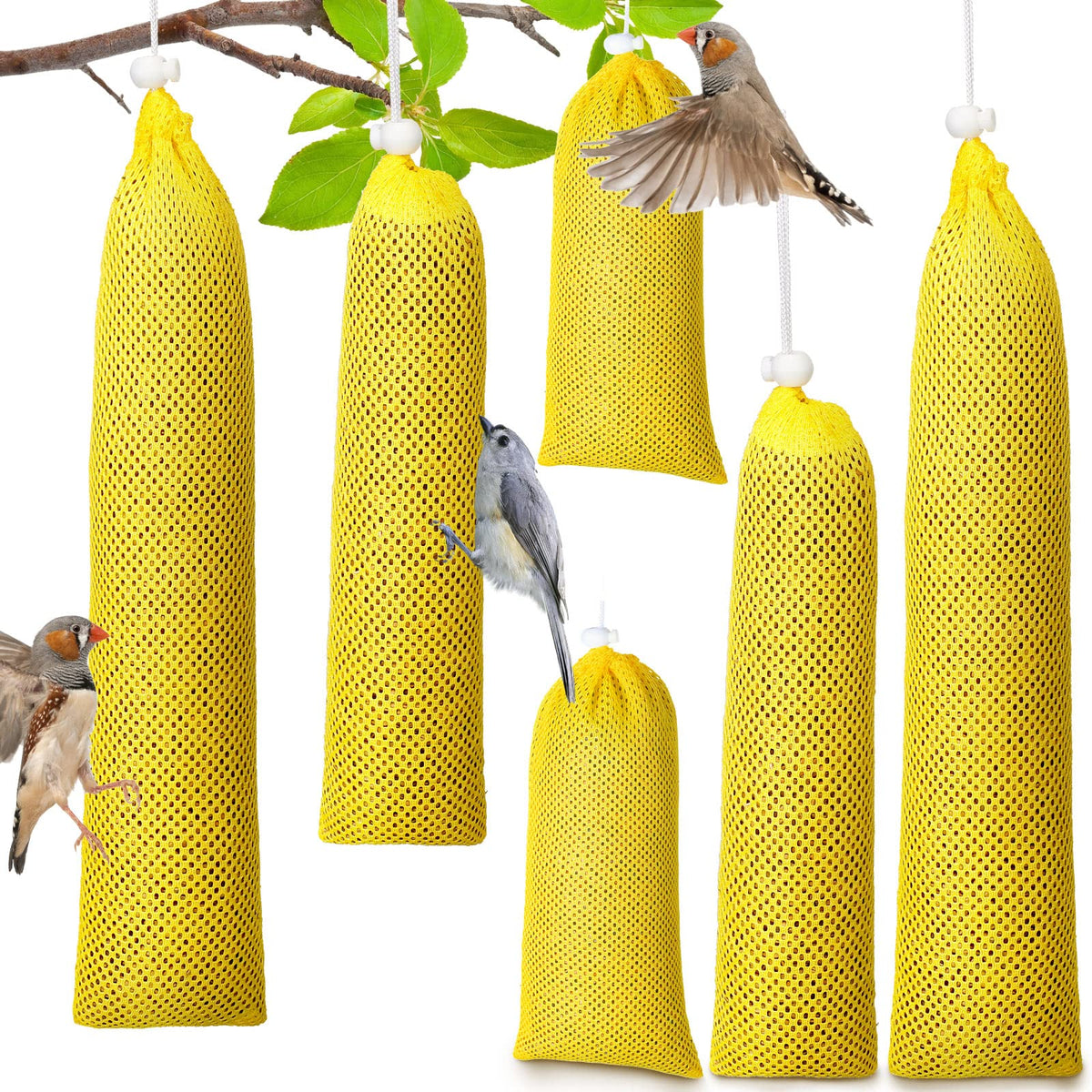 Shappy finch sock feeder yellow large outdoor setup showing seed access