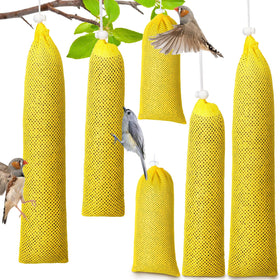 Shappy finch sock feeder yellow large outdoor setup showing seed access